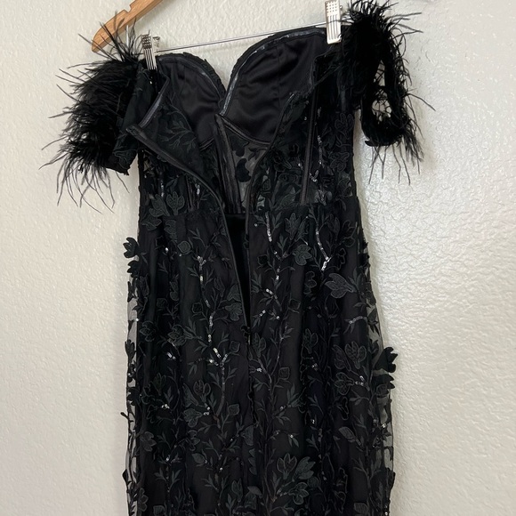 Midnight Sparkle Black Embroidered Feather Bustier Maxi Dress - Picture 7 of 9